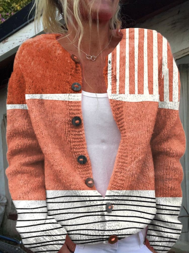Retro Abstract Art  Print Casual Buttoned Cardigan Sweater