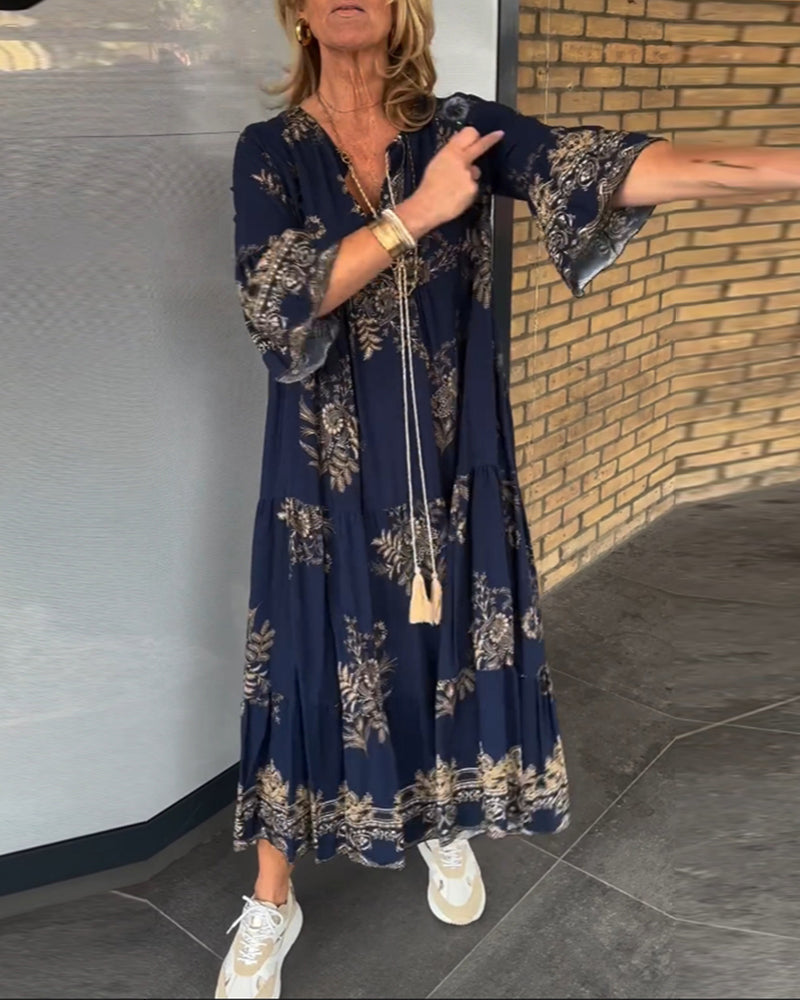 TOVE – WOMEN'S NAVY BLUE PRINTED V-NECK LONG SWING DRESS