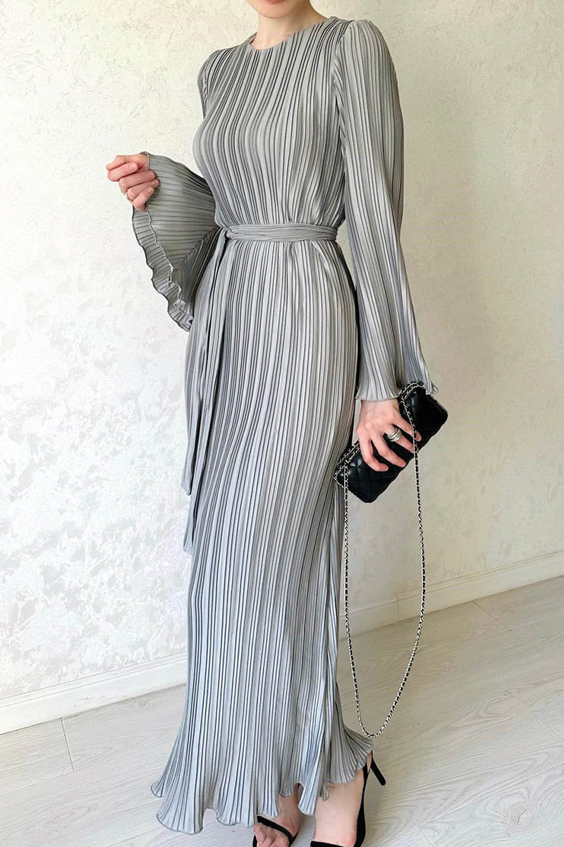 ELANI – STREET SOLID PATCHWORK PLEATED LONG DRESS