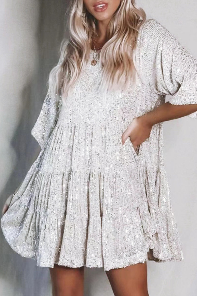 ELSINYA – CASUAL SOLID SEQUIN A-LINE DRESS