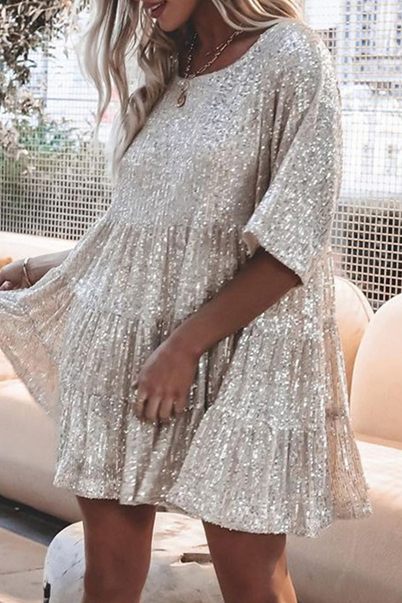 ELSINYA – CASUAL SOLID SEQUIN A-LINE DRESS