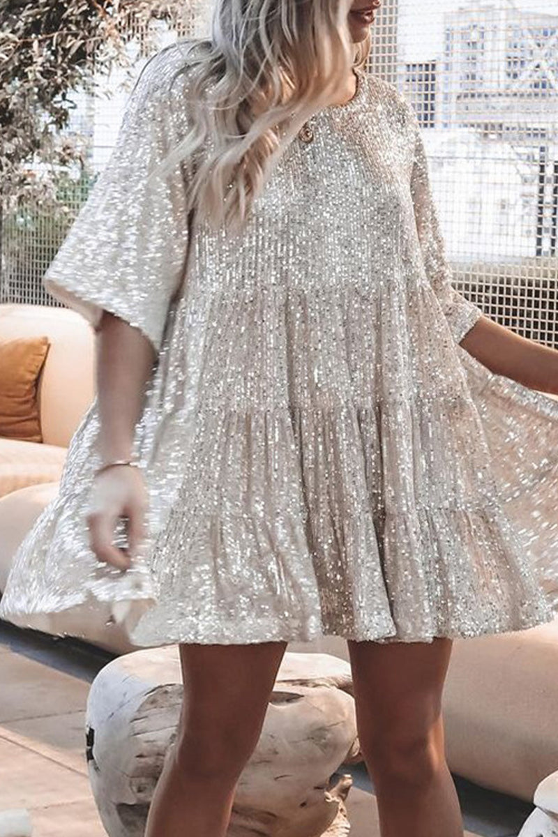 ELSINYA – CASUAL SOLID SEQUIN A-LINE DRESS