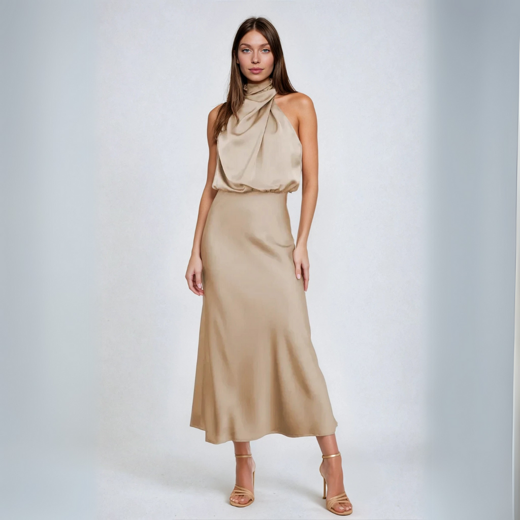 Carlina - Long satin dress with halter neckline