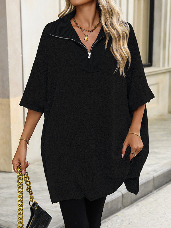 Olivia - Zip Collar Knit Sweater Poncho