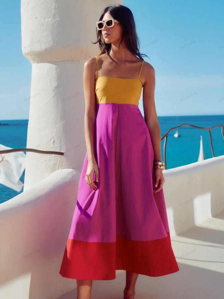 LACEY – VACATION-STYLE COLOR BLOCK SPAGHETTI STRAP DRESS