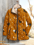 Casual Quilted Jacket with Black Cat Halloween Print