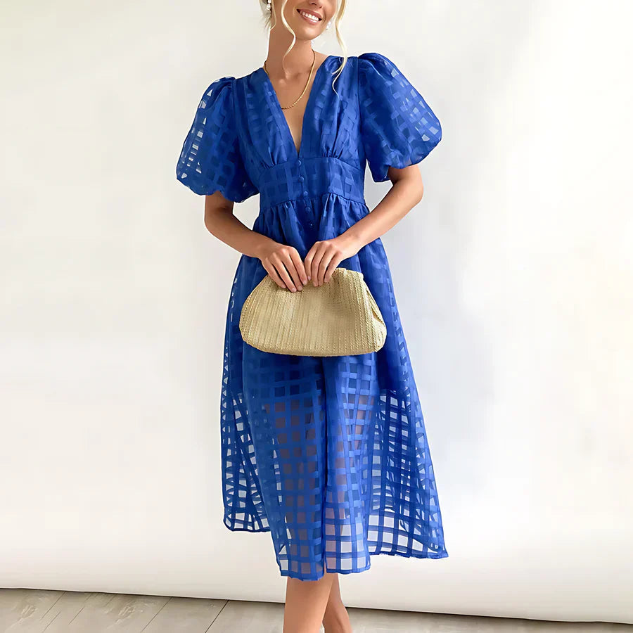Caelis - Classic Patterned Puff Sleeve Midi Dress