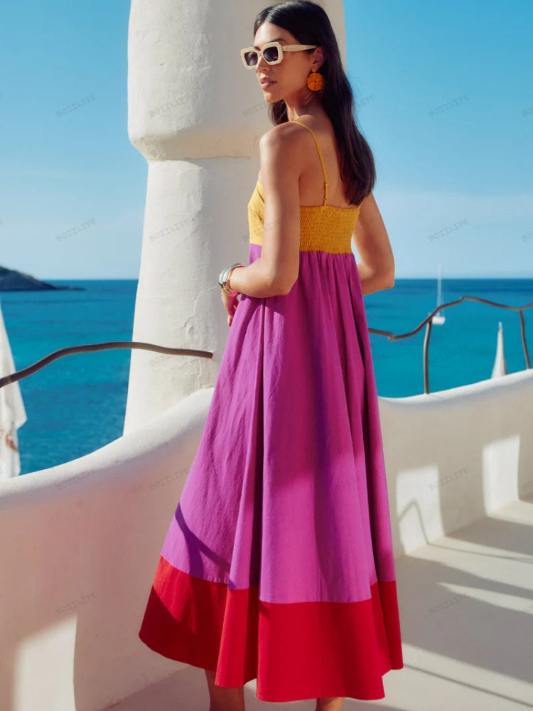 LACEY – VACATION-STYLE COLOR BLOCK SPAGHETTI STRAP DRESS