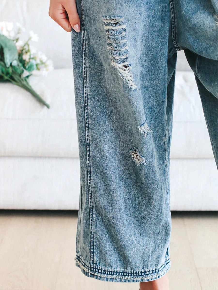 ELESSA – LOOSE FIT DENIM DUNGAREES IN DISTRESSED LOOK