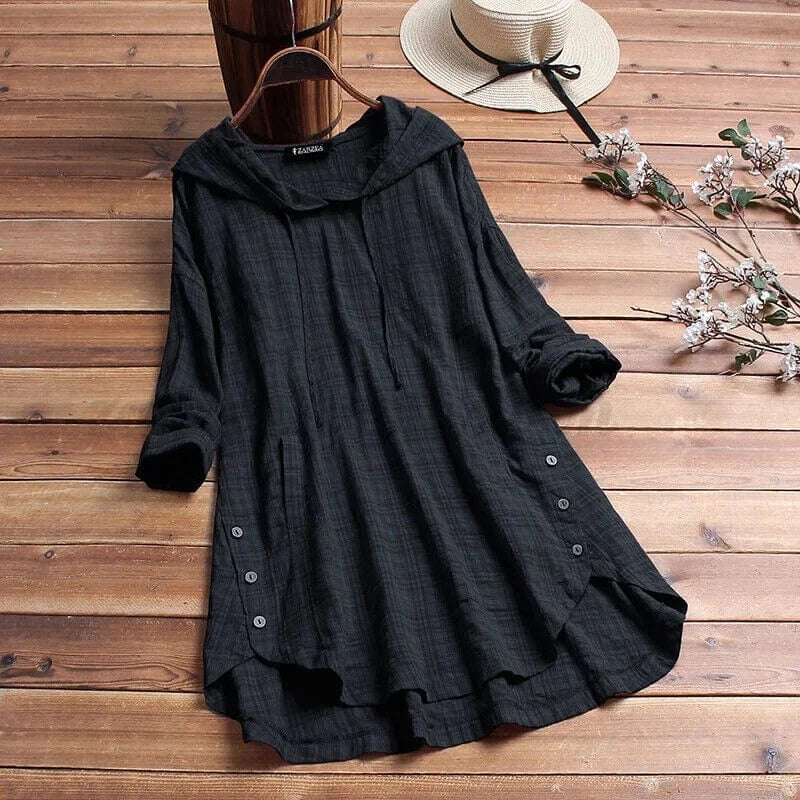 GHISELE – LINEN TUNIC HOODIE WITH BUTTON DETAILS