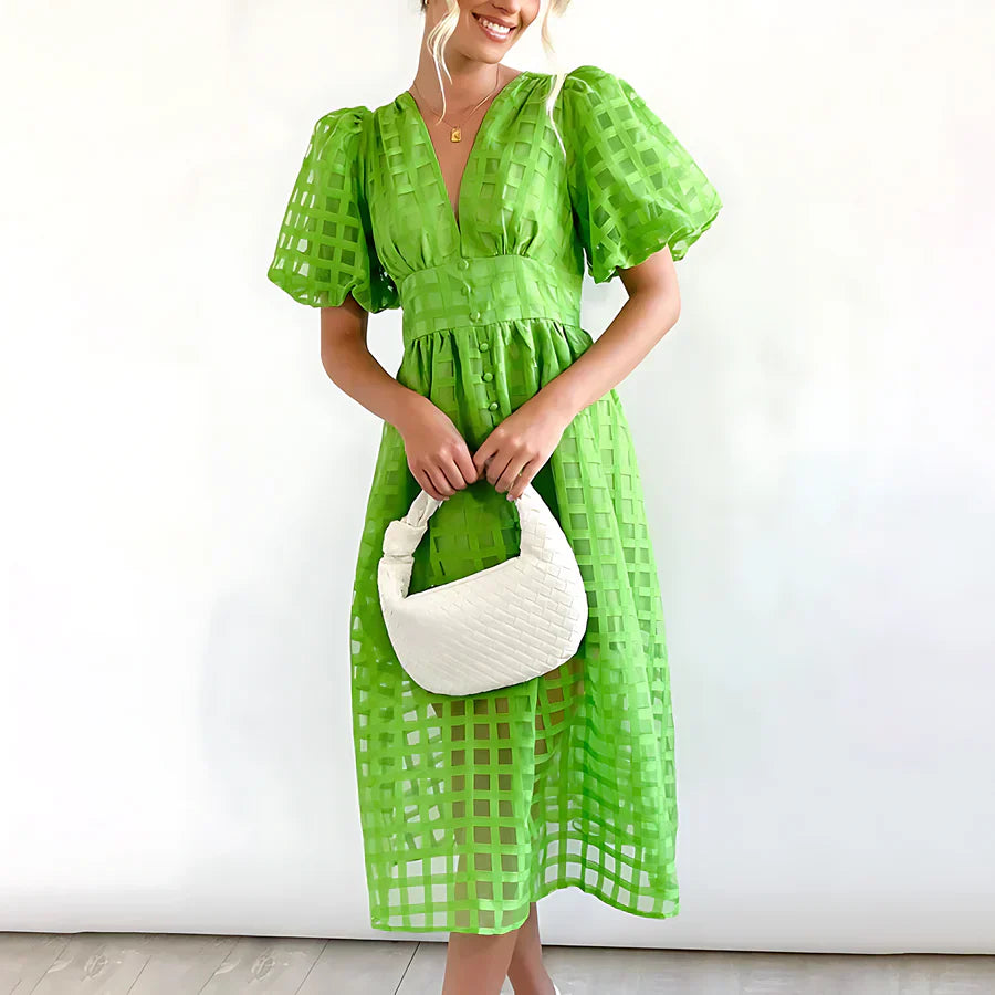 Caelis - Classic Patterned Puff Sleeve Midi Dress