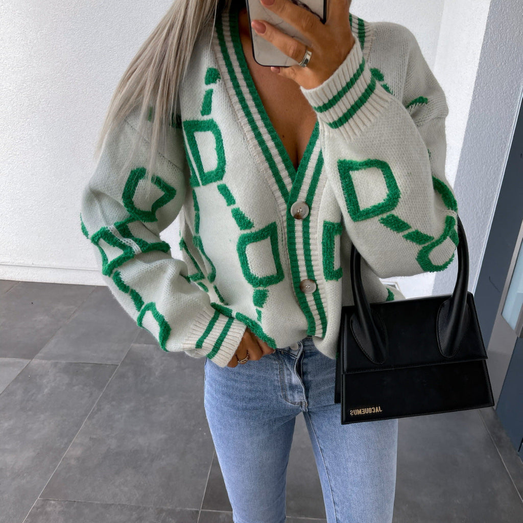 AURISAYA – V-NECK CASUAL COLOR CONTRAST KNIT CARDIGAN