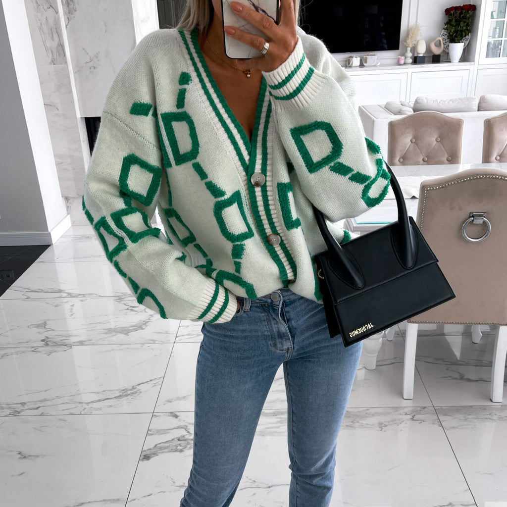 AURISAYA – V-NECK CASUAL COLOR CONTRAST KNIT CARDIGAN