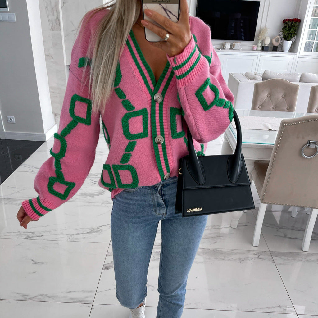 AURISAYA – V-NECK CASUAL COLOR CONTRAST KNIT CARDIGAN