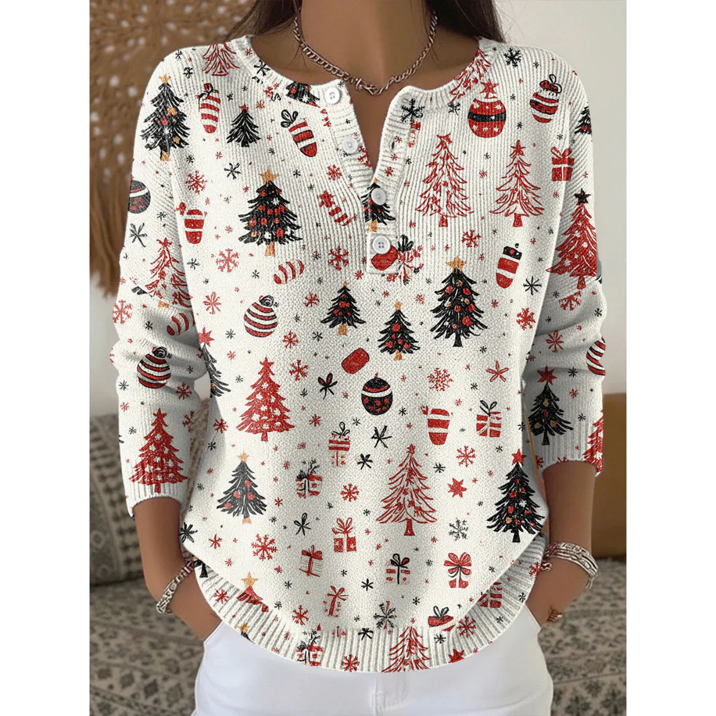 KENDRA – FESTIVE BUTTON-UP CHRISTMAS SWEATER