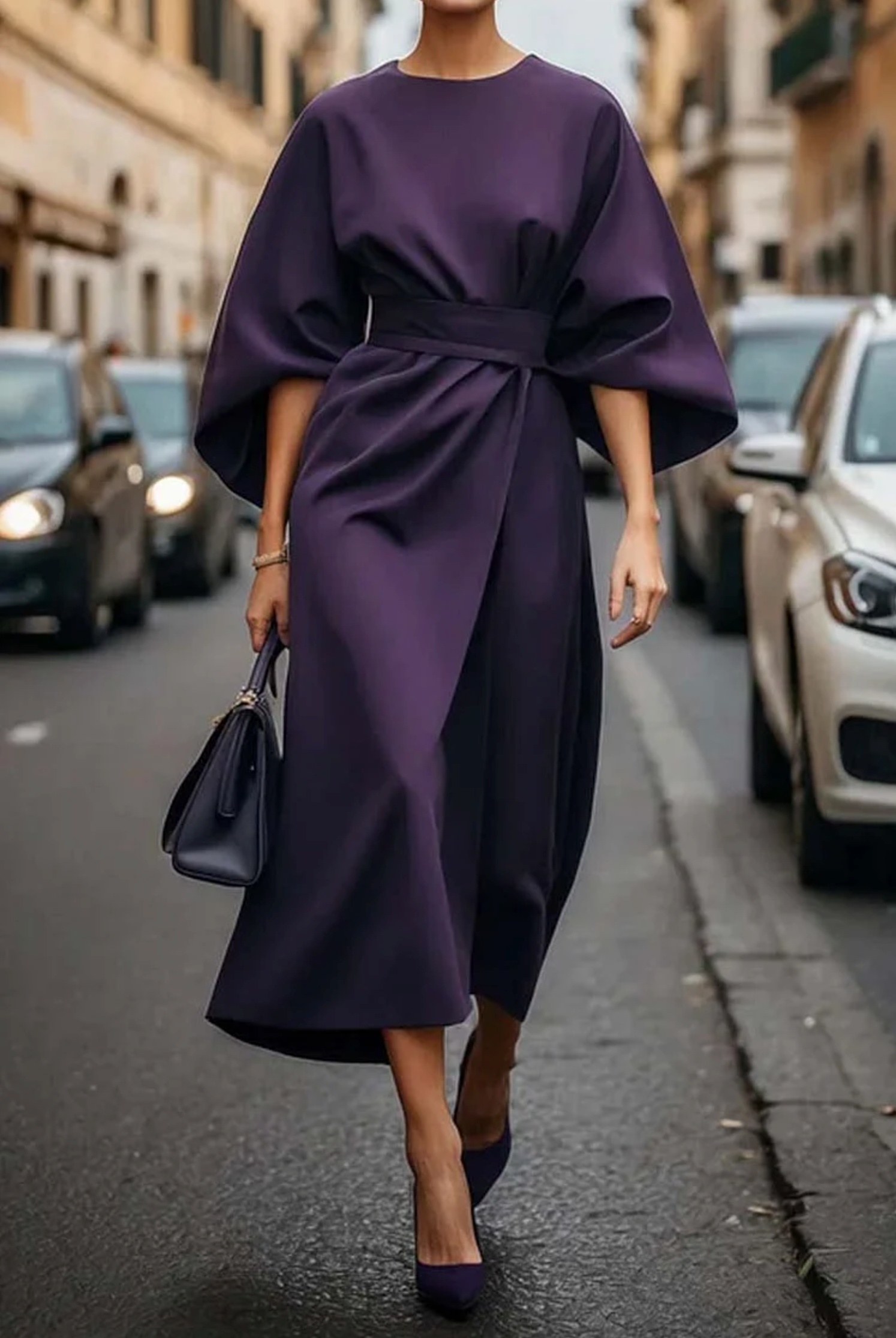 Sonia - Elegant Dress with Lantern Sleeves and Belt