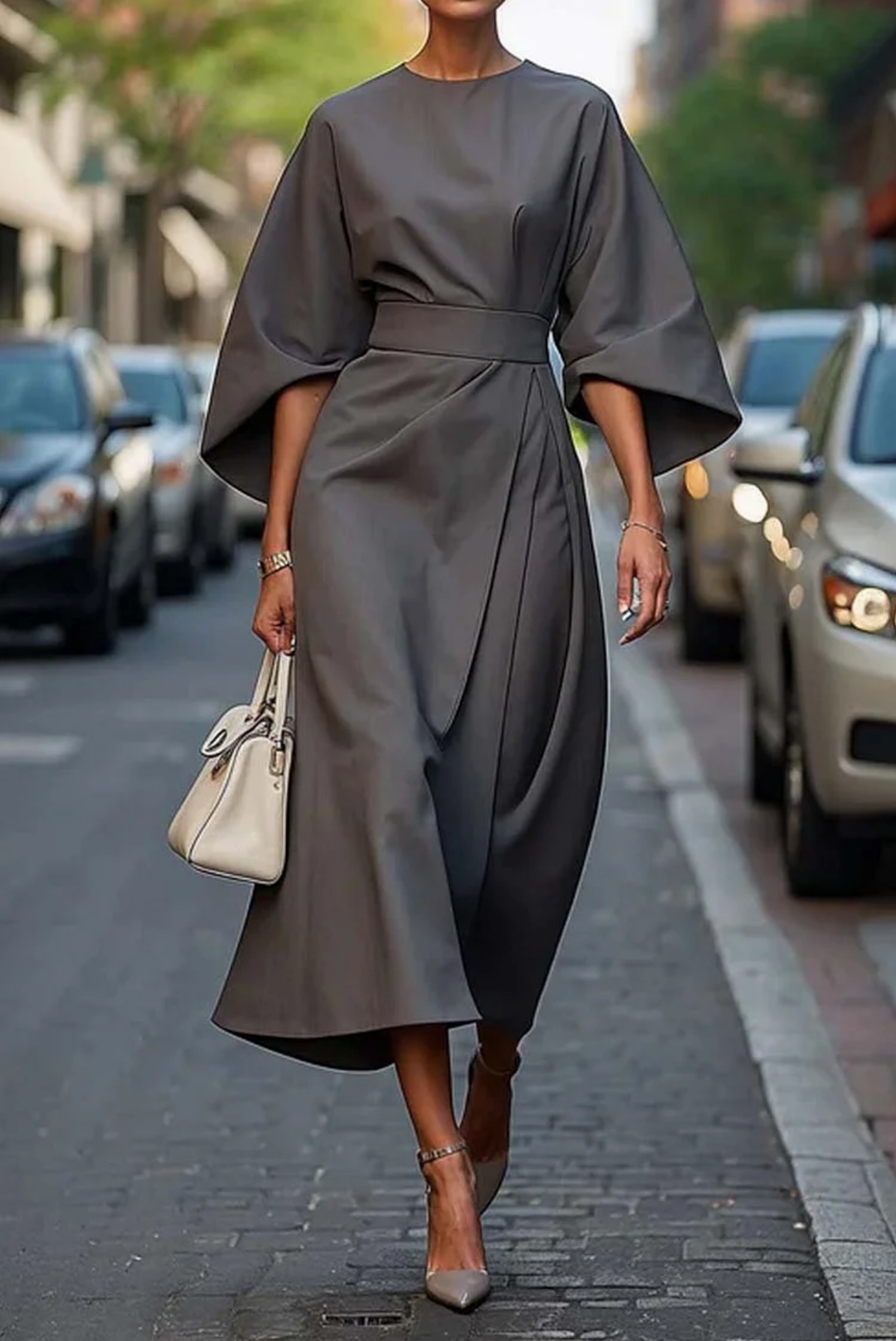Sonia - Elegant Dress with Lantern Sleeves and Belt