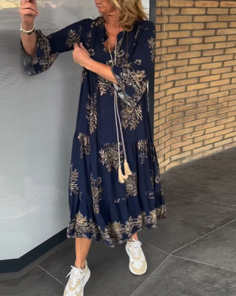 Nora – Vintage Loose V-Neck Midi Dress
