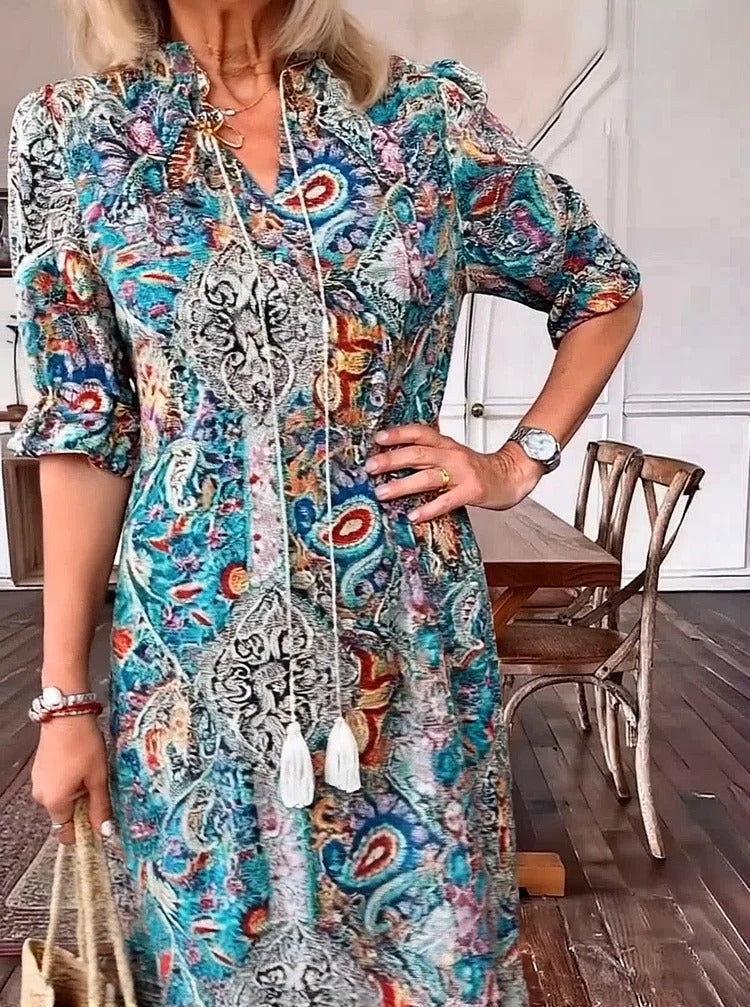 REVAYA – BOHEMIAN PAISLEY TASSEL TIE DRESS