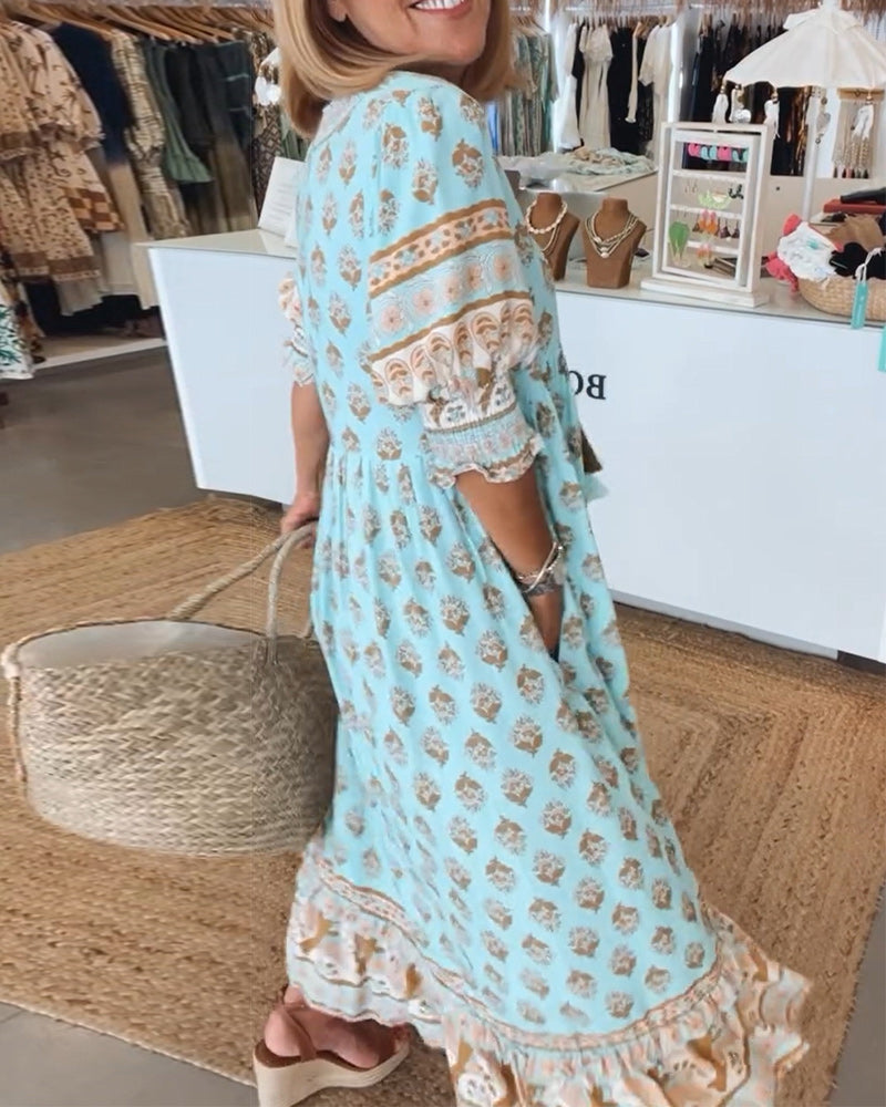 THALINA – RELAXED LANTERN SLEEVE BOHO MAXI DRESS