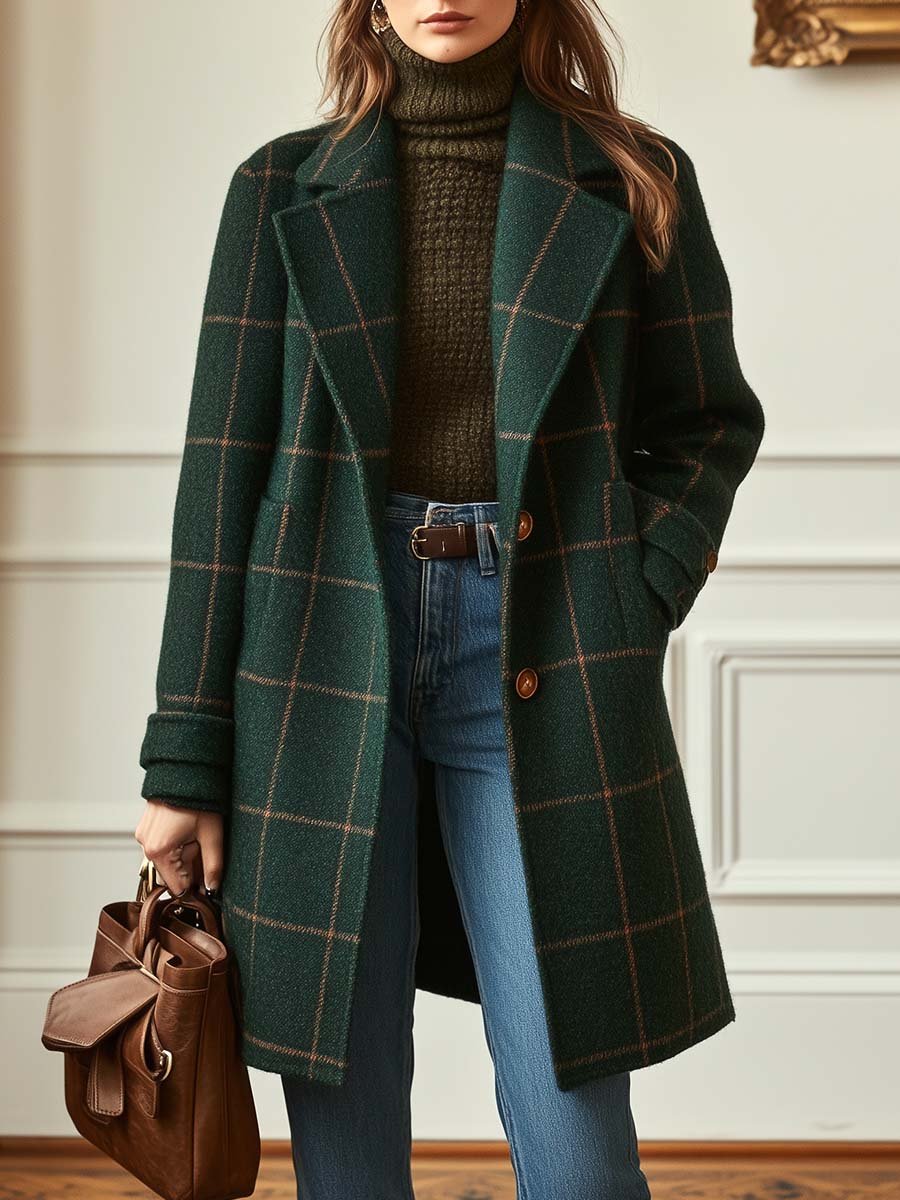 MIRELYTHEA – WOMEN’S RETRO LAPEL PLAID TWEED COAT