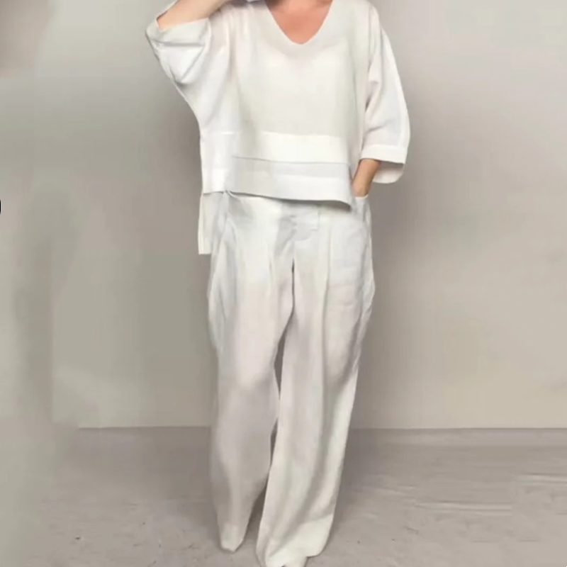 Cotton Linen Short Sleeve Two Piece Set