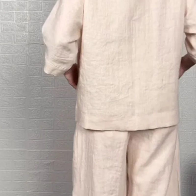 Cotton Linen Short Sleeve Two Piece Set